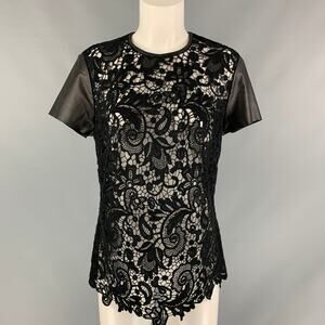 RALPH LAUREN Size 10 Black Guipure Cotton Leather Trim Short Sleeve Dress Top